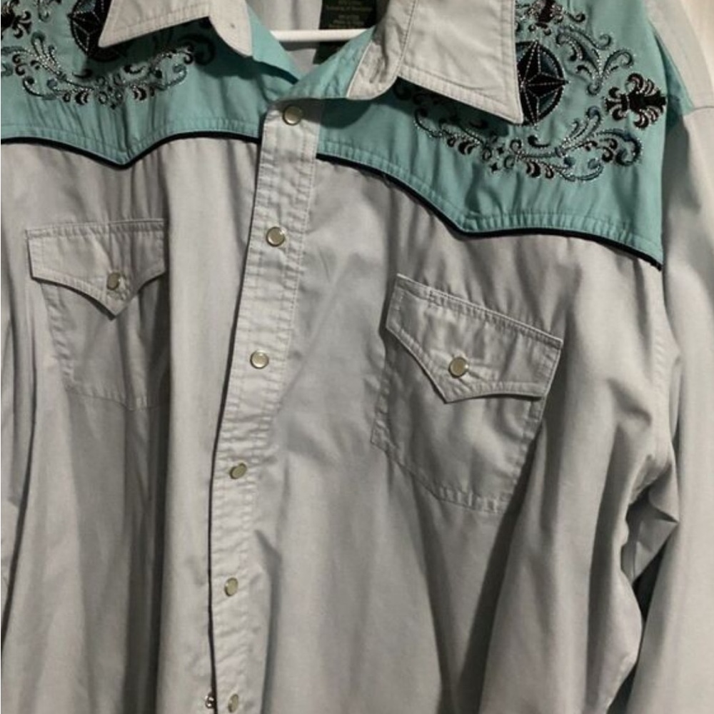 Embroidered Western Shirt in Blue and White